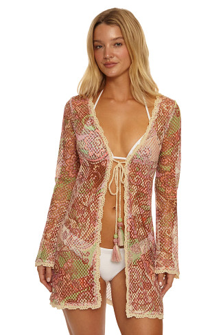 BASIL CROCHET Crochet Open Weave Bell Sleeve Kimono