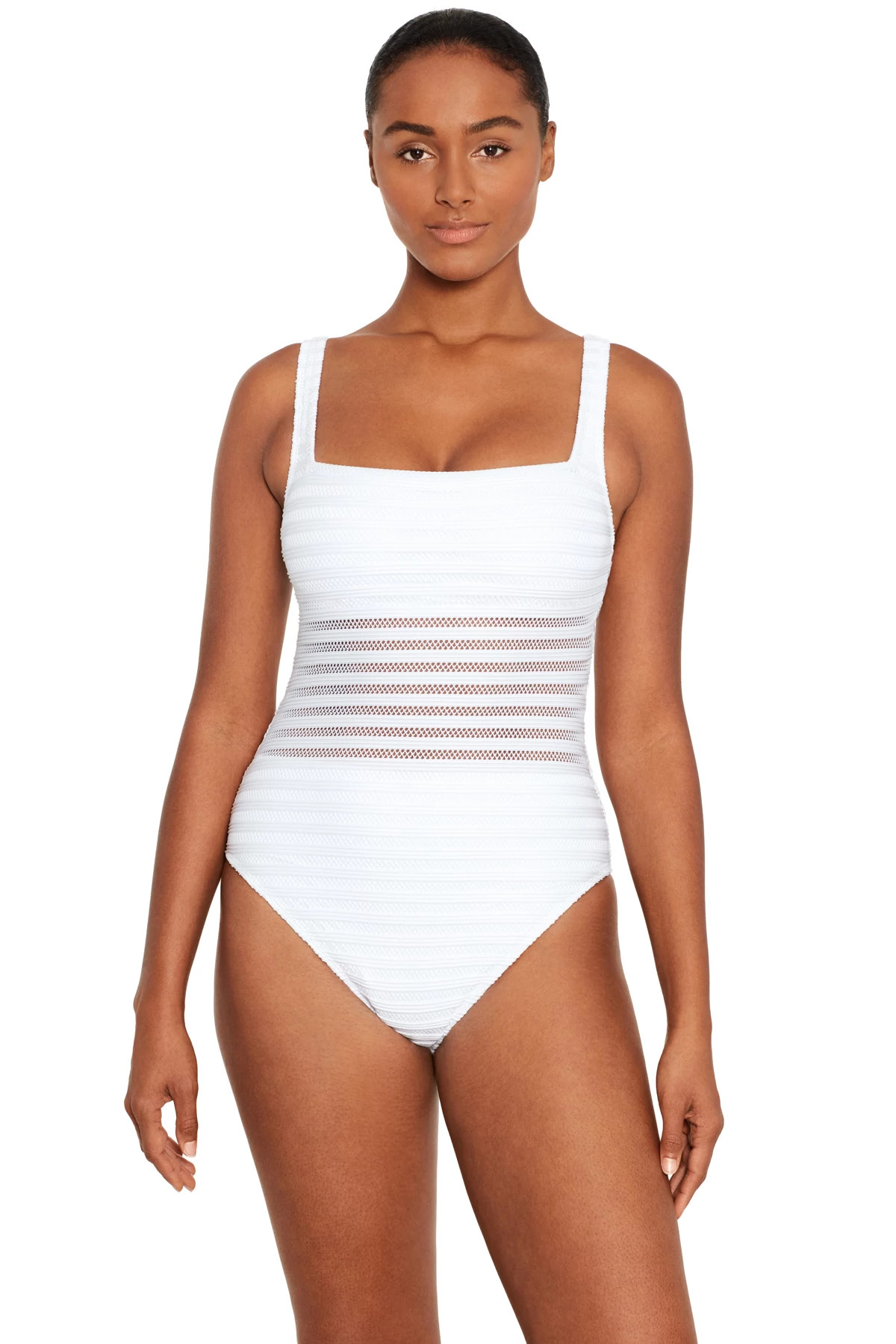 WHITE Mesh Over The Shoulder One Piece Swimsuit image number 1