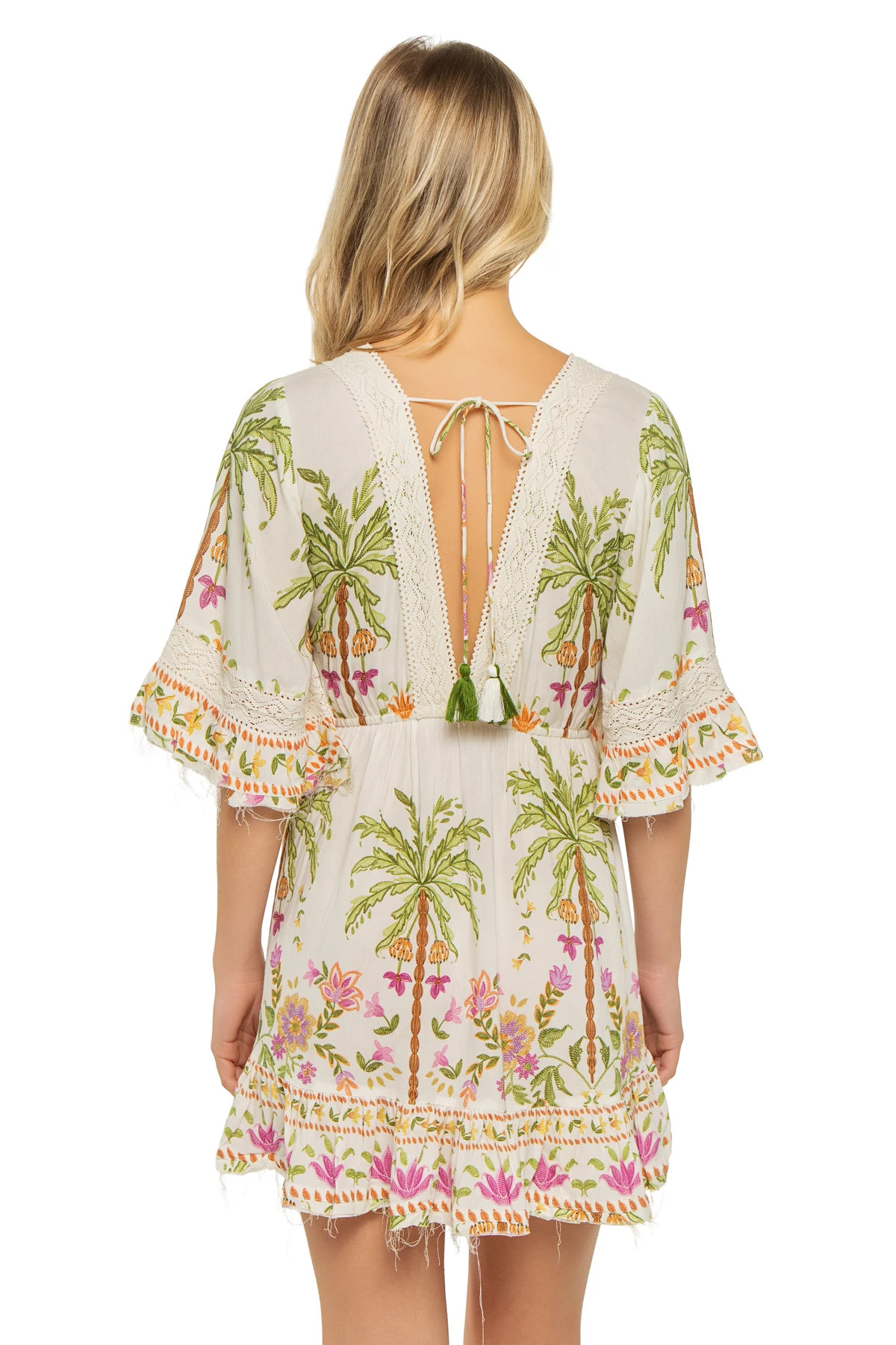 MULTI Crochet Trim Tropical Print Mini Dress image number 2