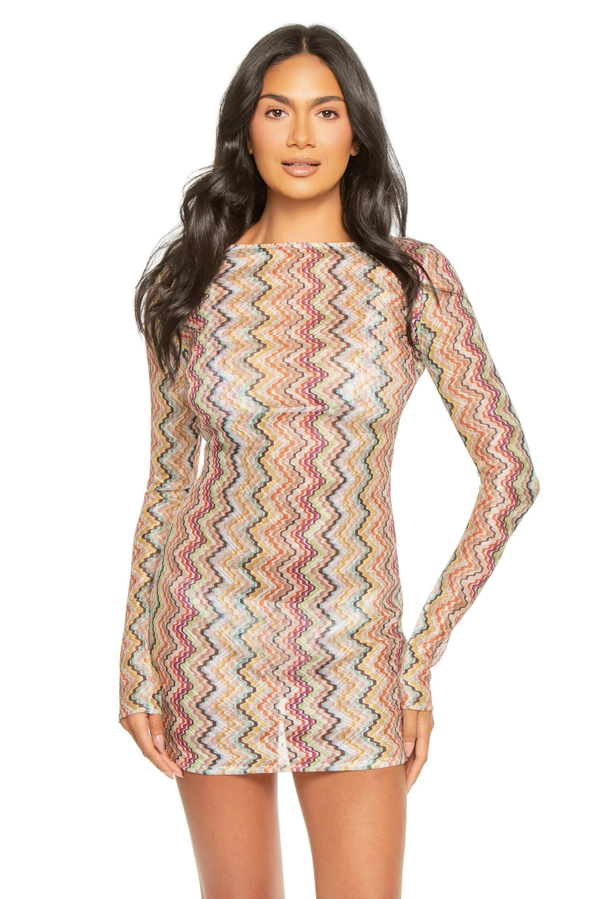 MULTI Chevron Knit Long Sleeve Mini Dress image number 1