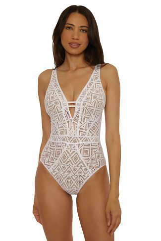 WHITE/TAN Show & Tell Plunge One Piece Swimsuit