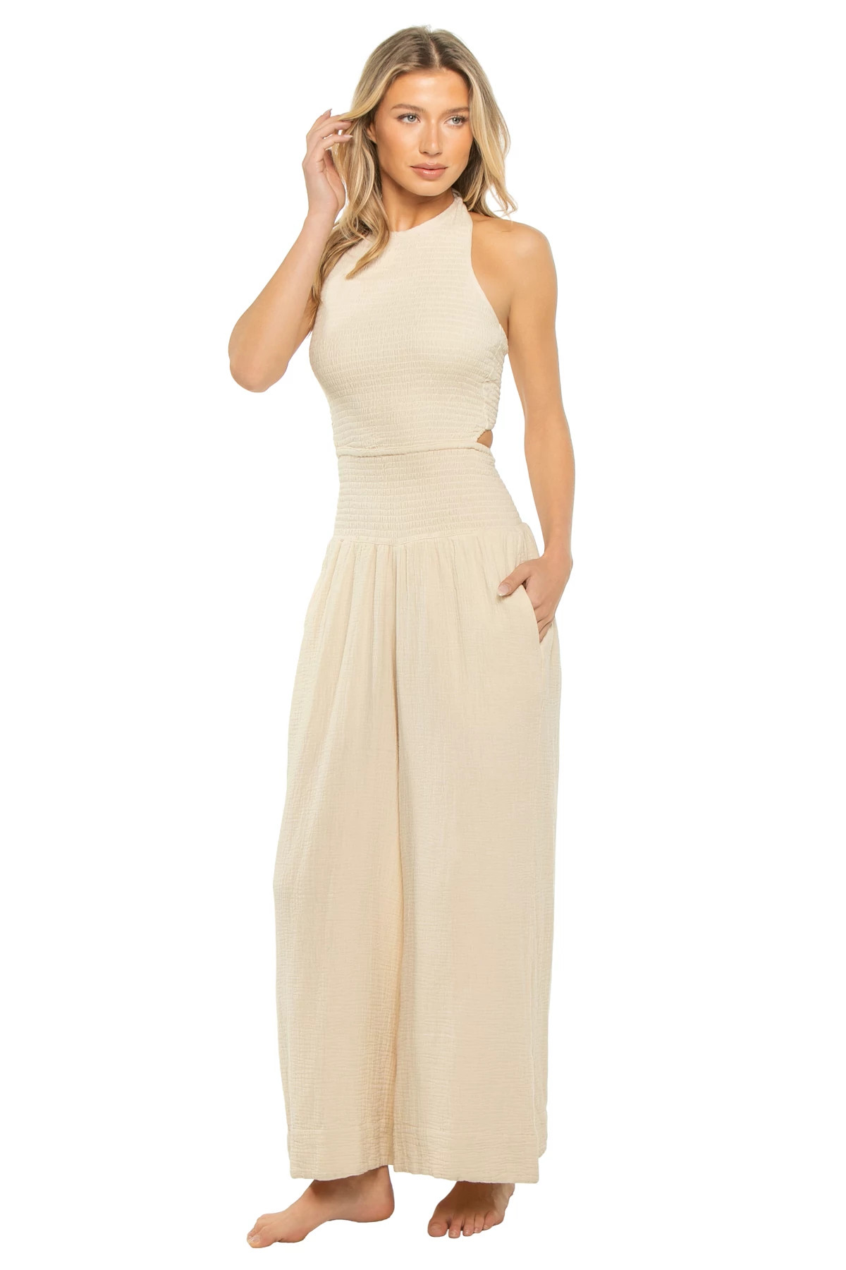 NATURAL Smocked Halter Wide Leg Jumpsuit image number 1