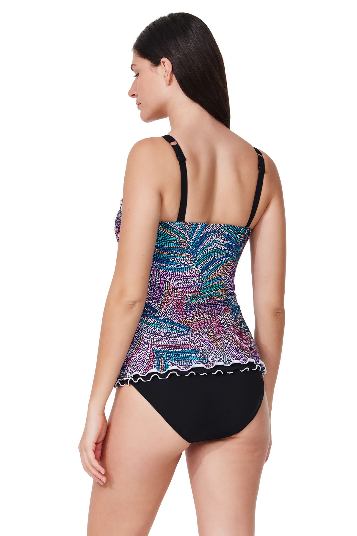 BLACK MULTI Ruffle Trim Tankini Top (E Cup) image number 2