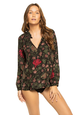 LEHUA PRINT BLACK Penny Silk Blouse