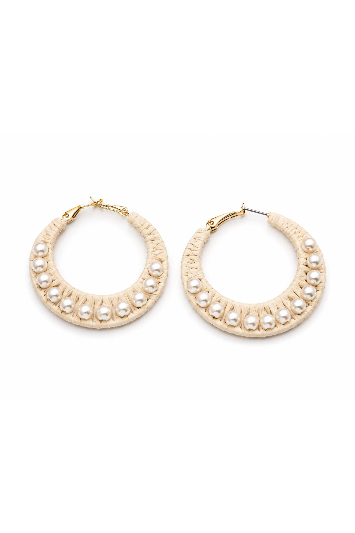 NATURAL Woven Raffia Pearl Hoop Earrings image number 1