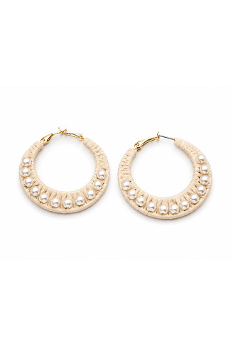 NATURAL Woven Raffia Pearl Hoop Earrings