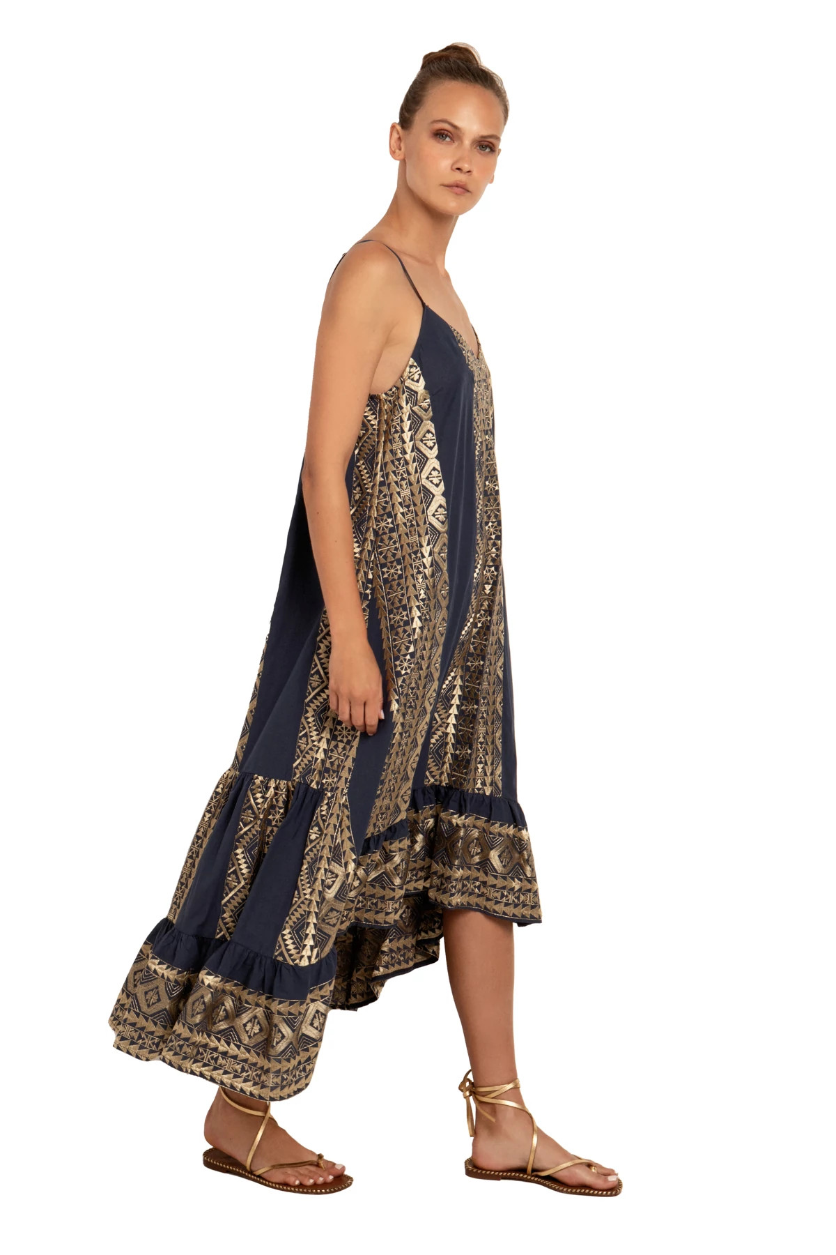 NAVY BLUE GOLD Embroidered Metallic Midi Dress image number 3
