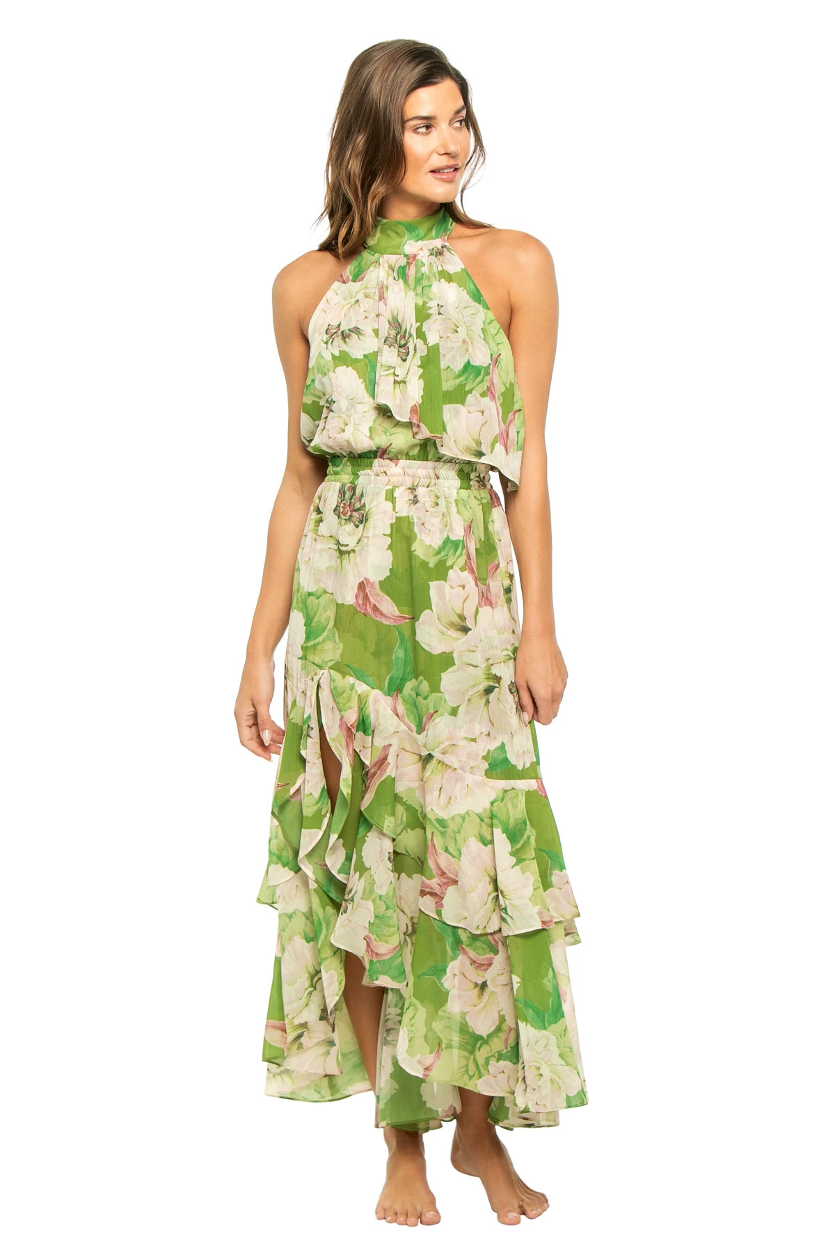 IN FULL BLOOM Aneva Floral Ruffle Halter Maxi Dress image number 1