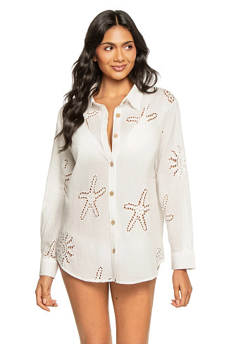 WHITE Eyelet Long Sleeve Boyshirt Cover Up
