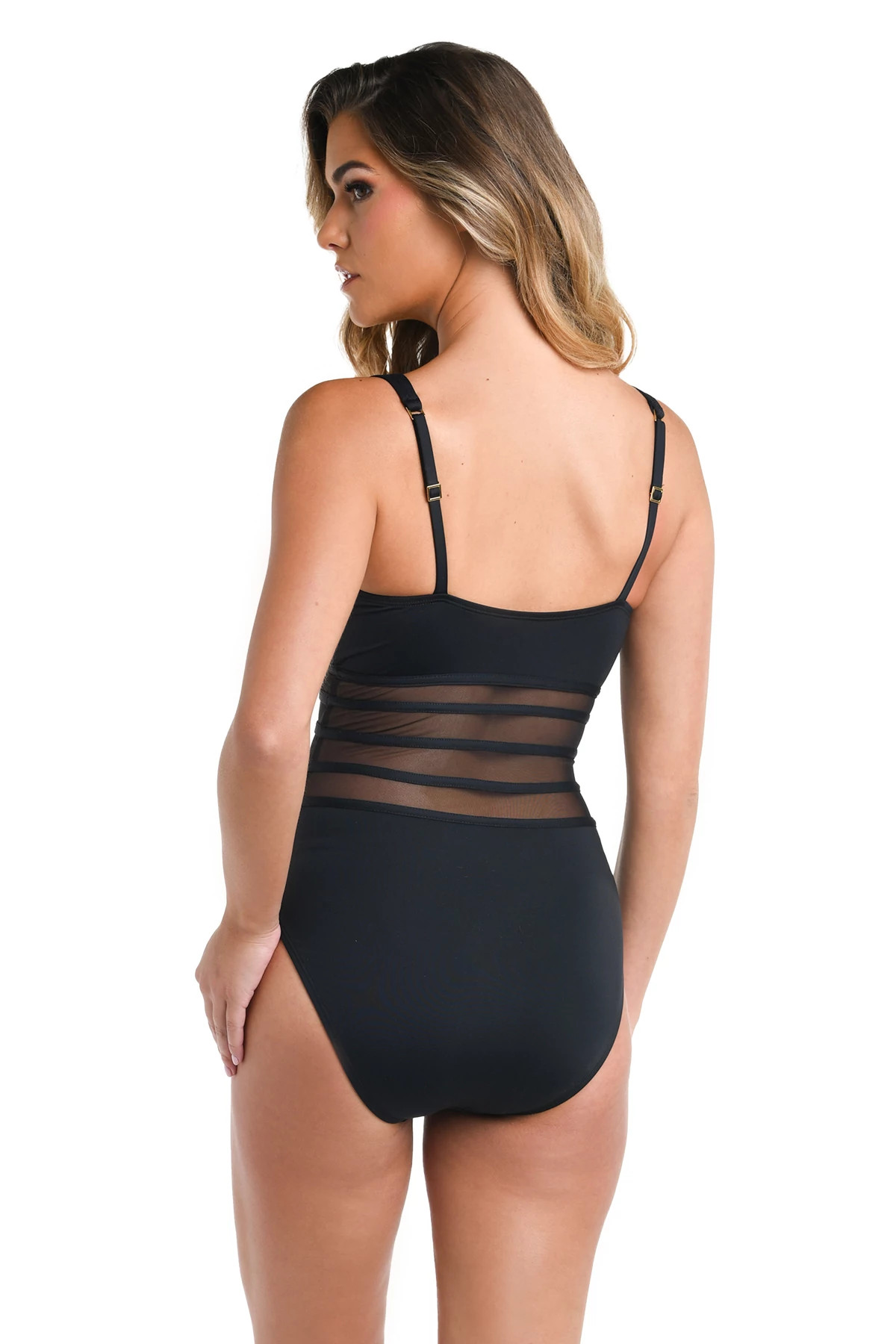 BLACK Mesh Plunge One Piece Swimsuit image number 2