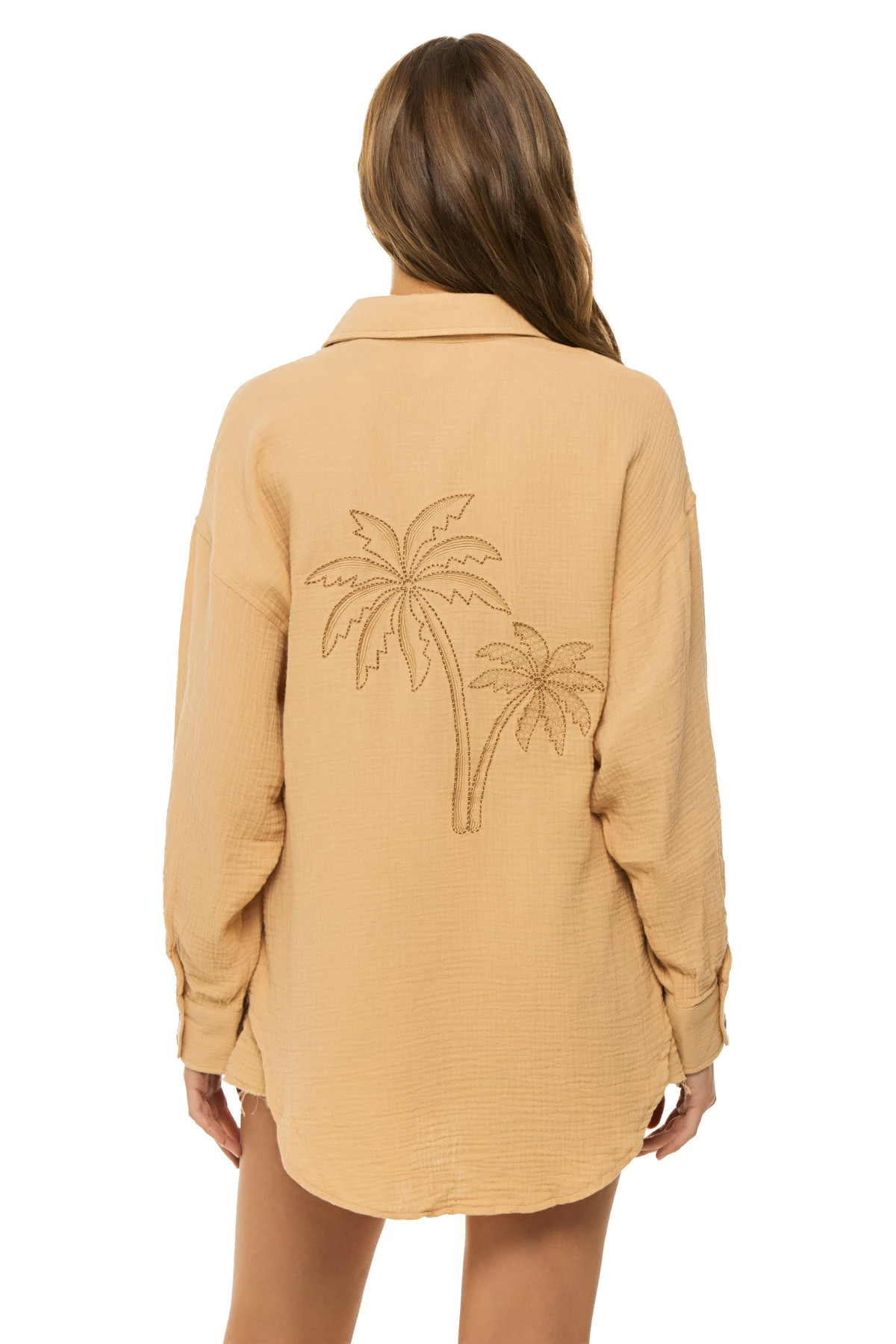 HONEY PEACH W/ BRONZE Palm Tree Shirt Dress image number 2