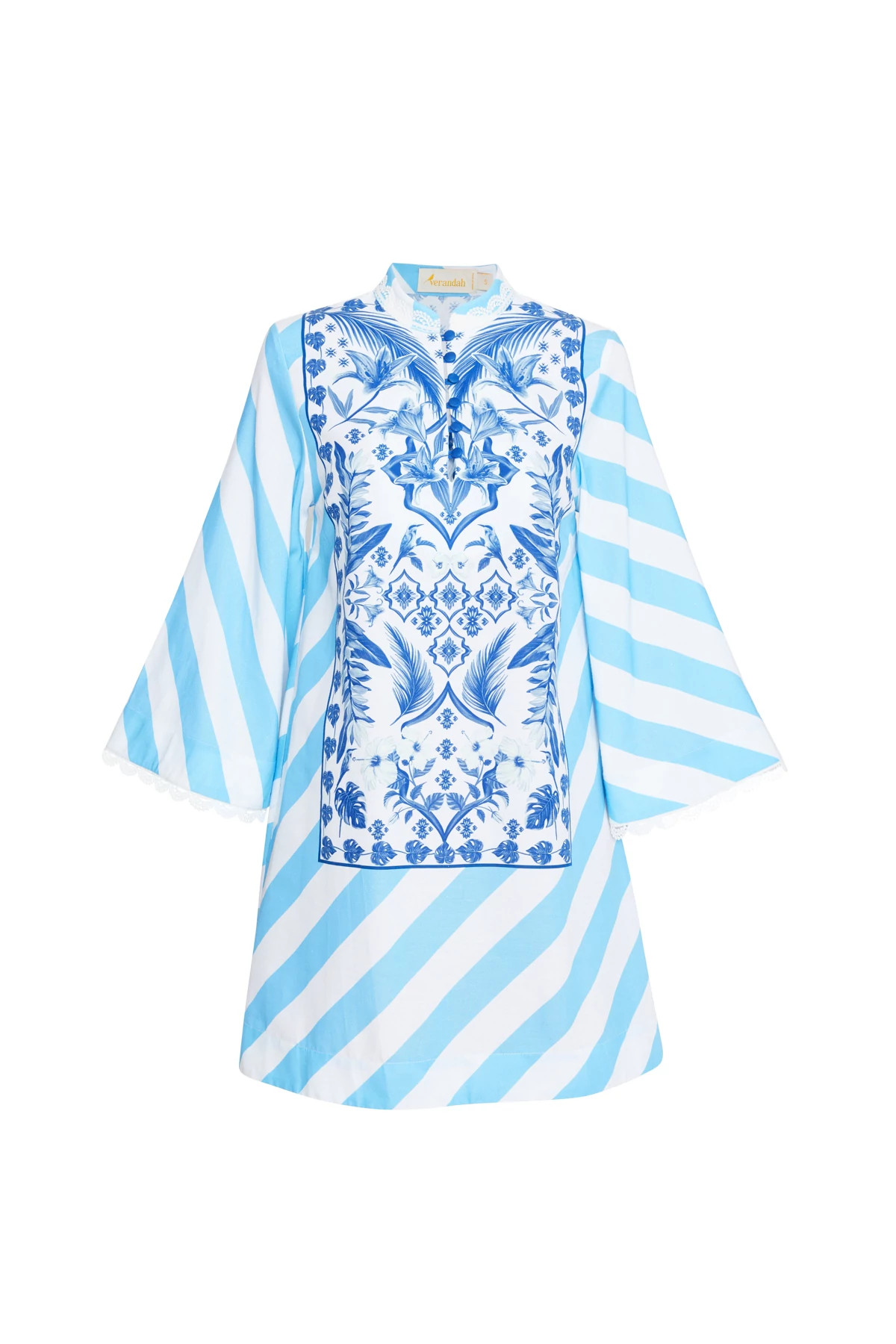 CORNFLOWER AND WHITE PALM AZULEJOS PANEL Anj Mini Caftan Dress image number 4