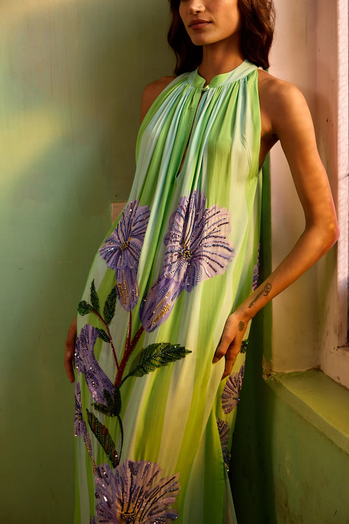 AQUA NEELGIRI / STRIPES PANEL Hand Beaded Sundowner Maxi Dress image number 5