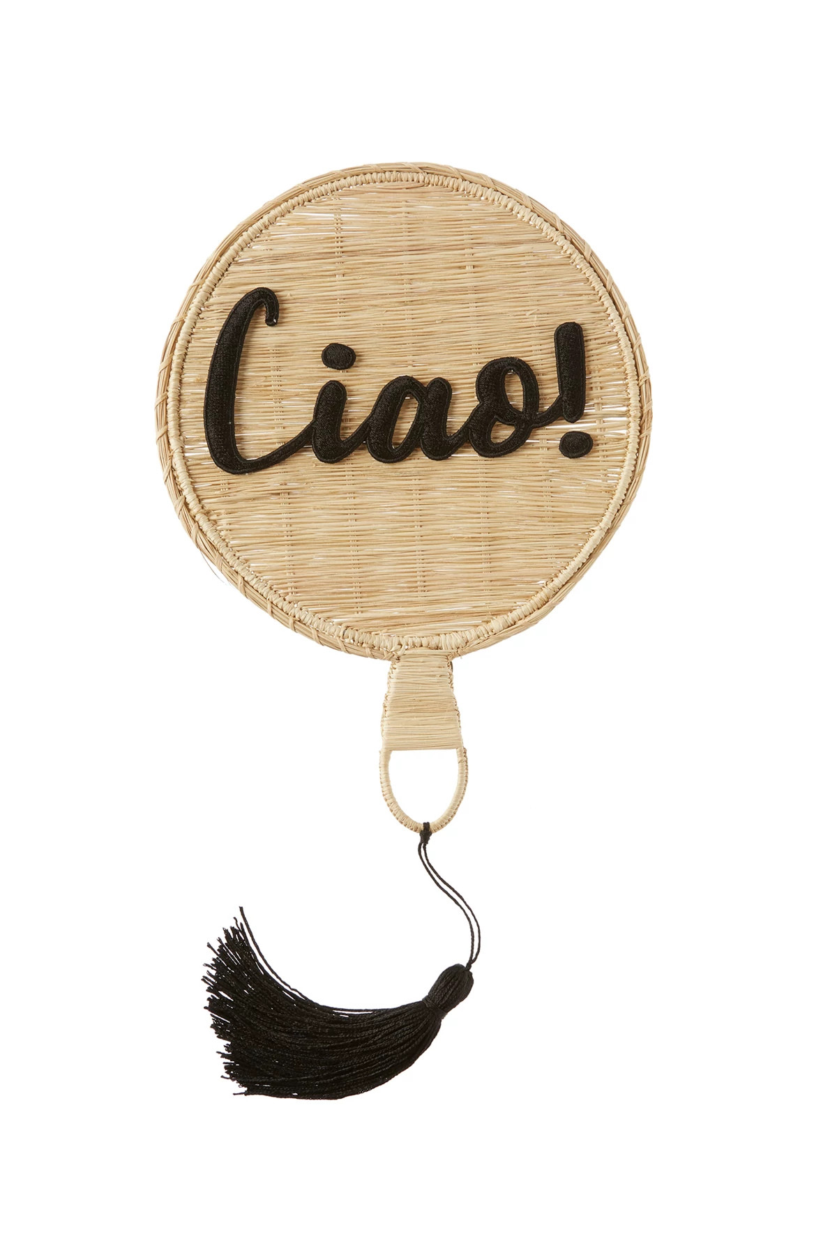NATURAL Embroidered CIAO Appliqué Straw Fan image number 1