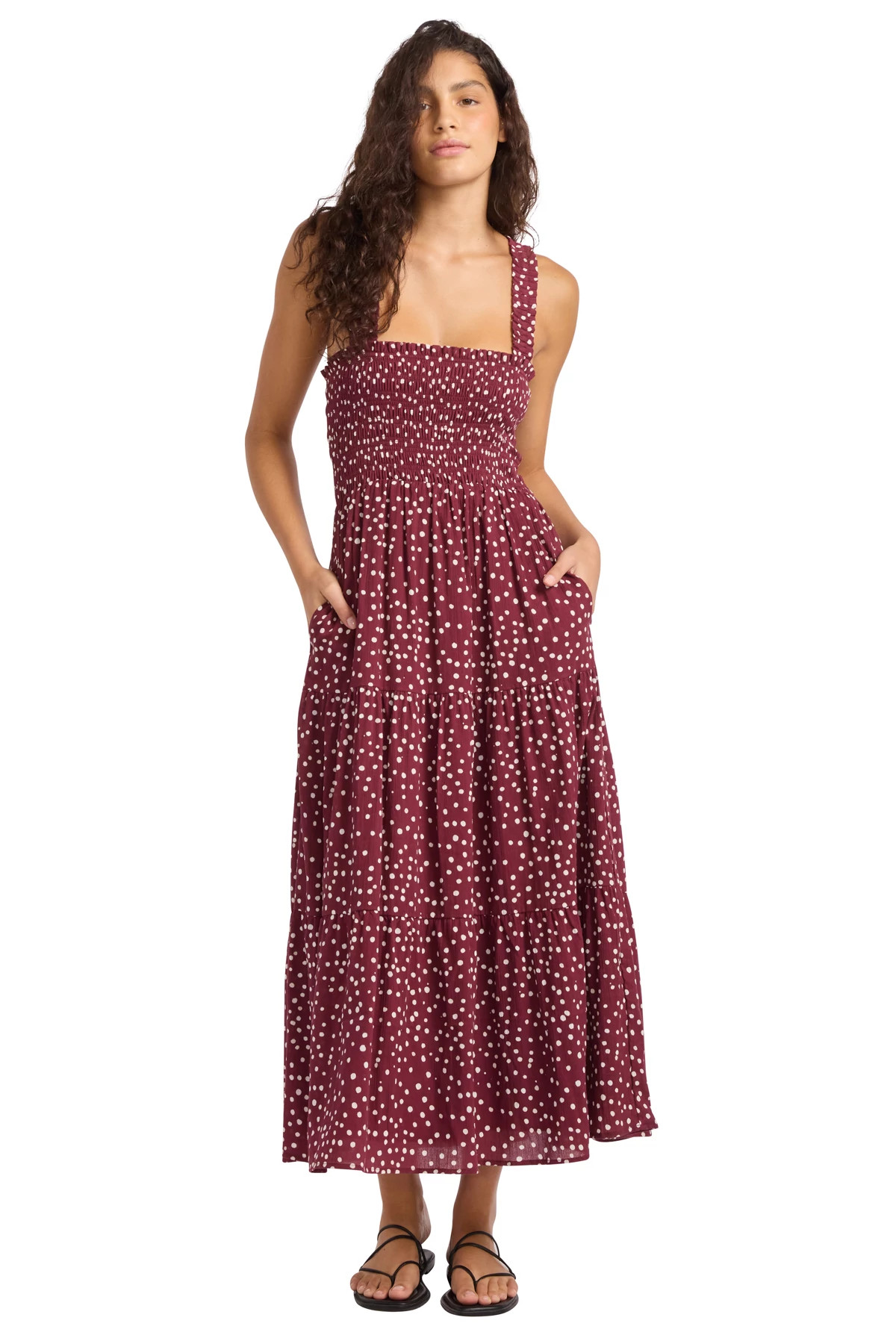 DARK BURGUNDY Dot Print Cotton Smocked Midi Dress image number 1