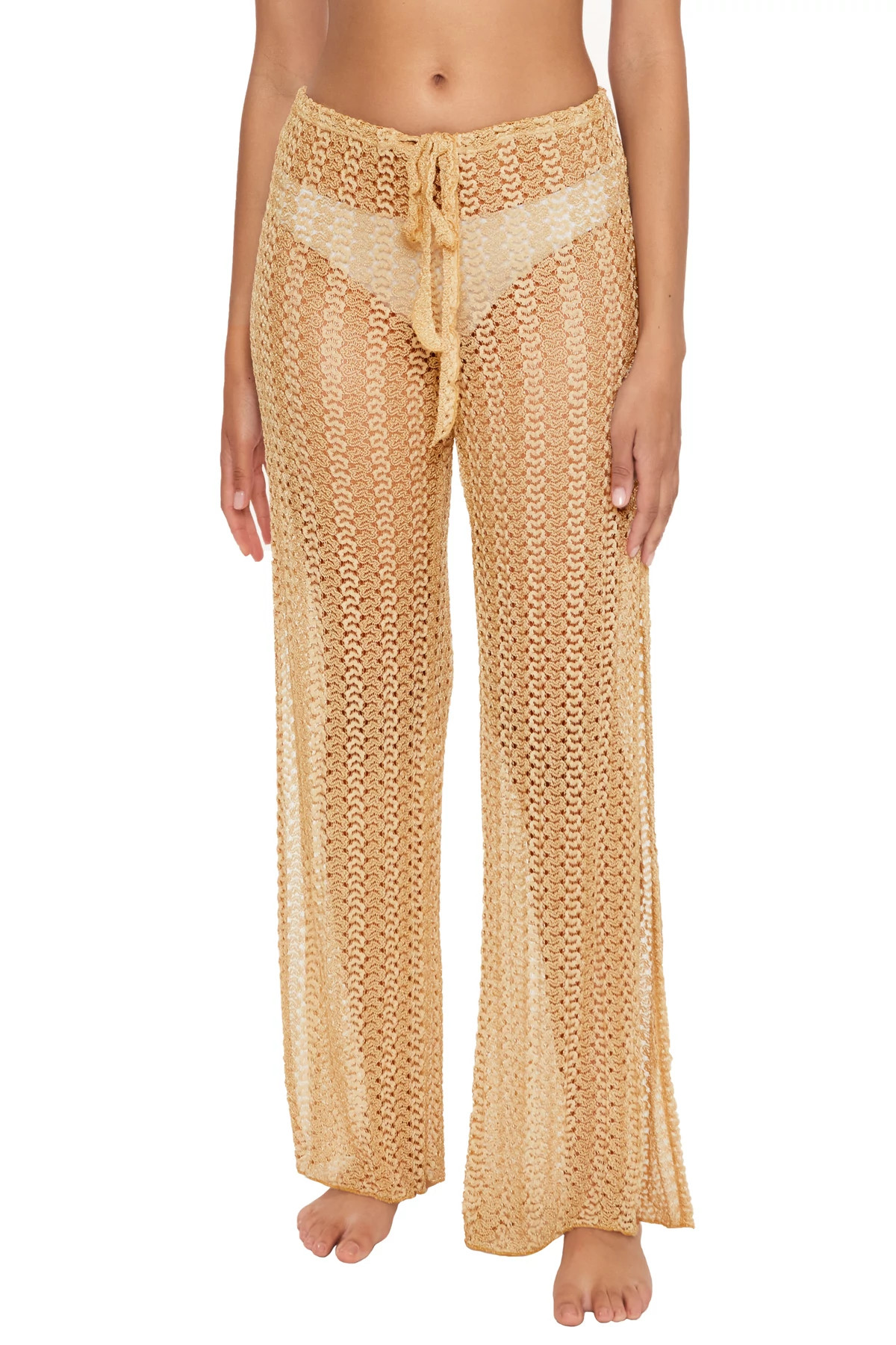 Golden Metallic Crochet Pants image number 1