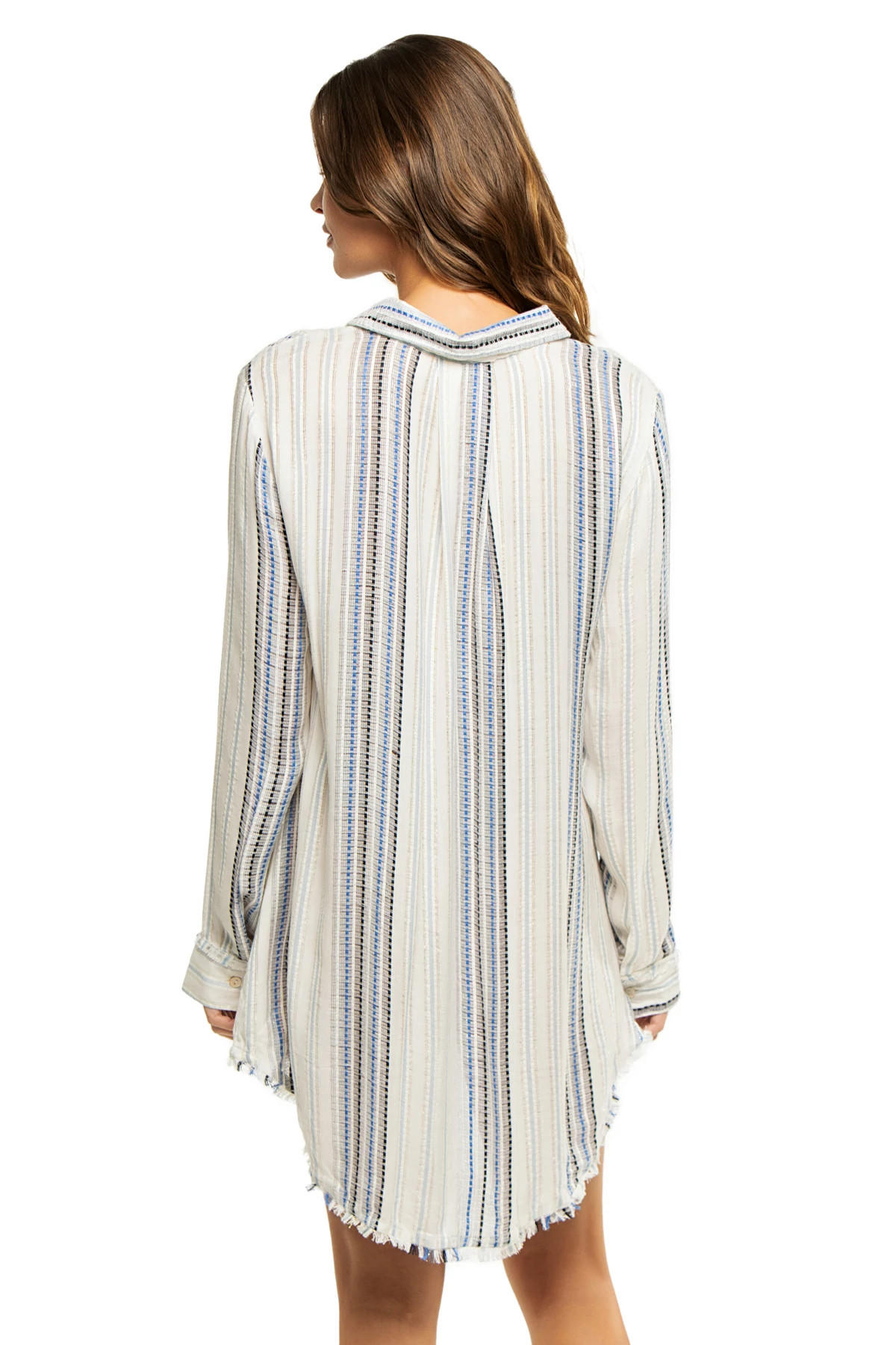 BLUE/WHITE Metallic Stripe Button Down Shirt Dress image number 2