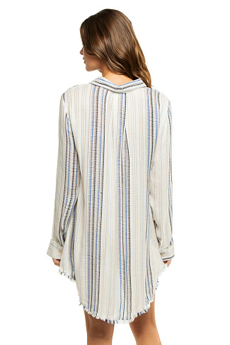 BLUE/WHITE Metallic Stripe Button Down Shirt Dress