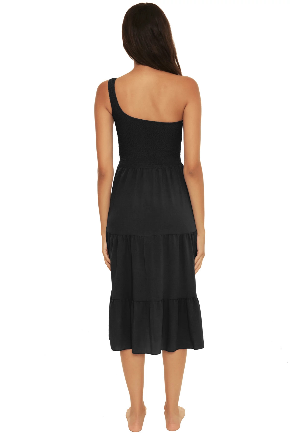 BLACK Smocked Asymmetrical Midi Dress image number 2