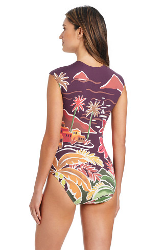 DARK GRENACHE Zip Front Cap Sleeve One Piece