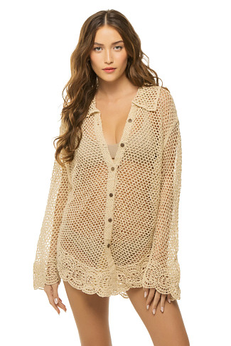NATURAL W/ GOLD LUREX Crochet Button Up Shirt Dress