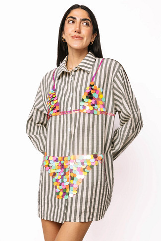 BLACK Striped Sequin Bikini Graphic Tunic