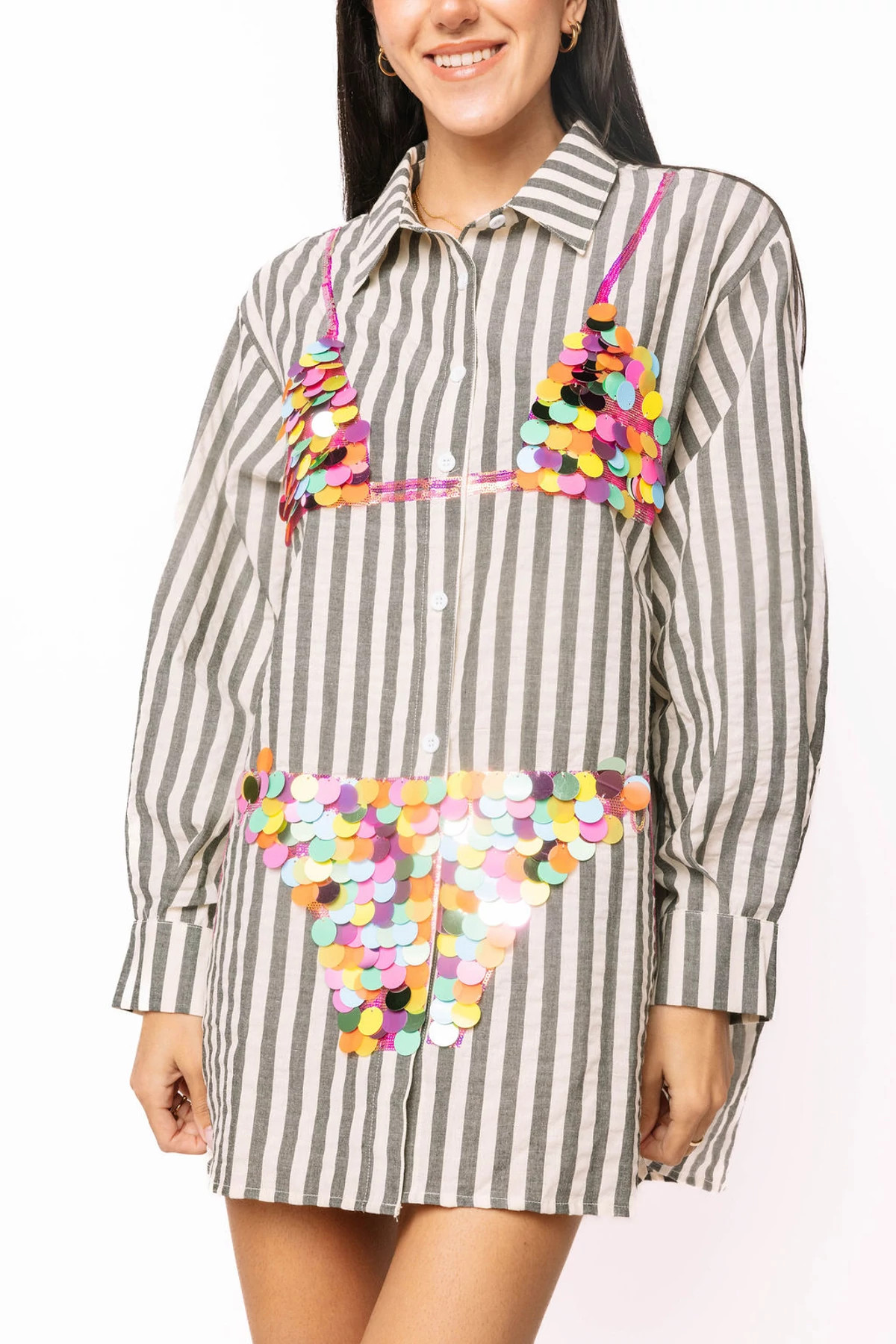 BLACK Striped Sequin Bikini Graphic Tunic image number 3