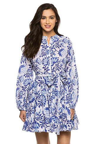 NAVY/WHITE Blue China Long Sleeve Mini Dress