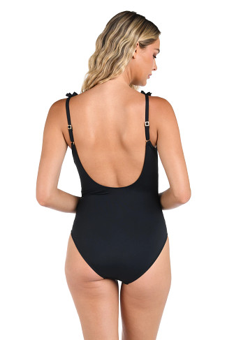 BLACK Ruffled Plunge One Piece Swimsuit