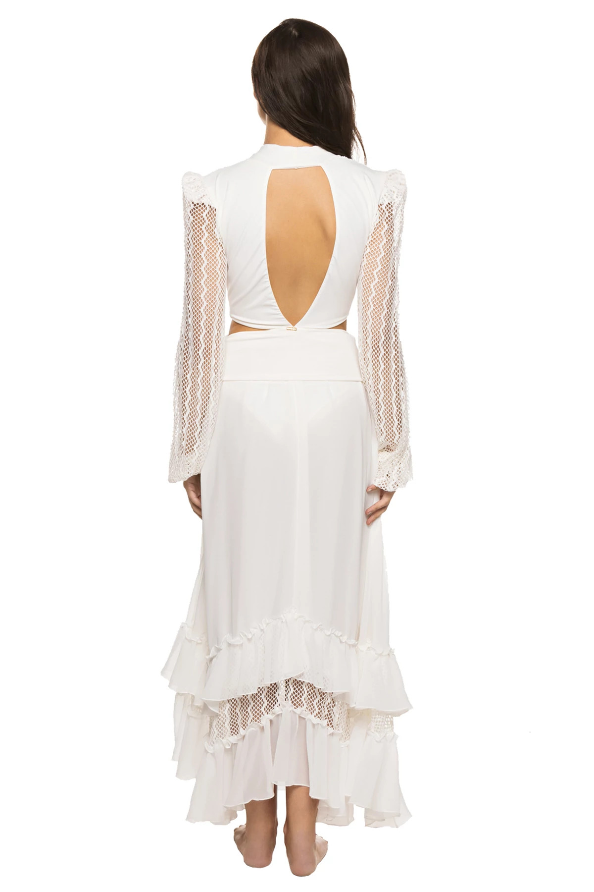 WHITE Plunge Lace Long Sleeve Maxi Dress image number 2