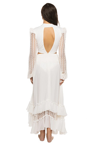 WHITE Plunge Lace Long Sleeve Maxi Dress