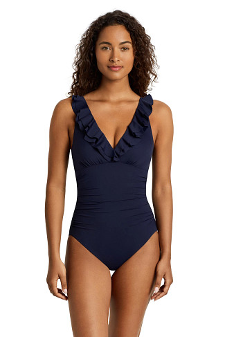 DARK NAVY Ruffle Over The Shoulder One Piece Swimsuit
