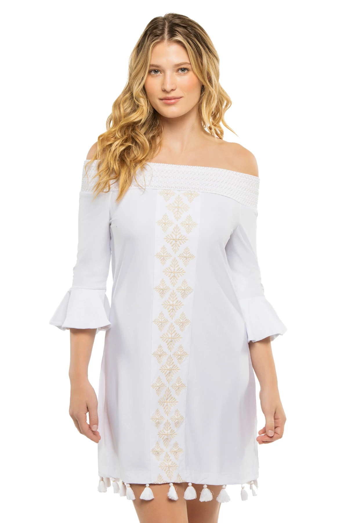WHITE Embroidered Off The Shoulder Mini Dress image number 1