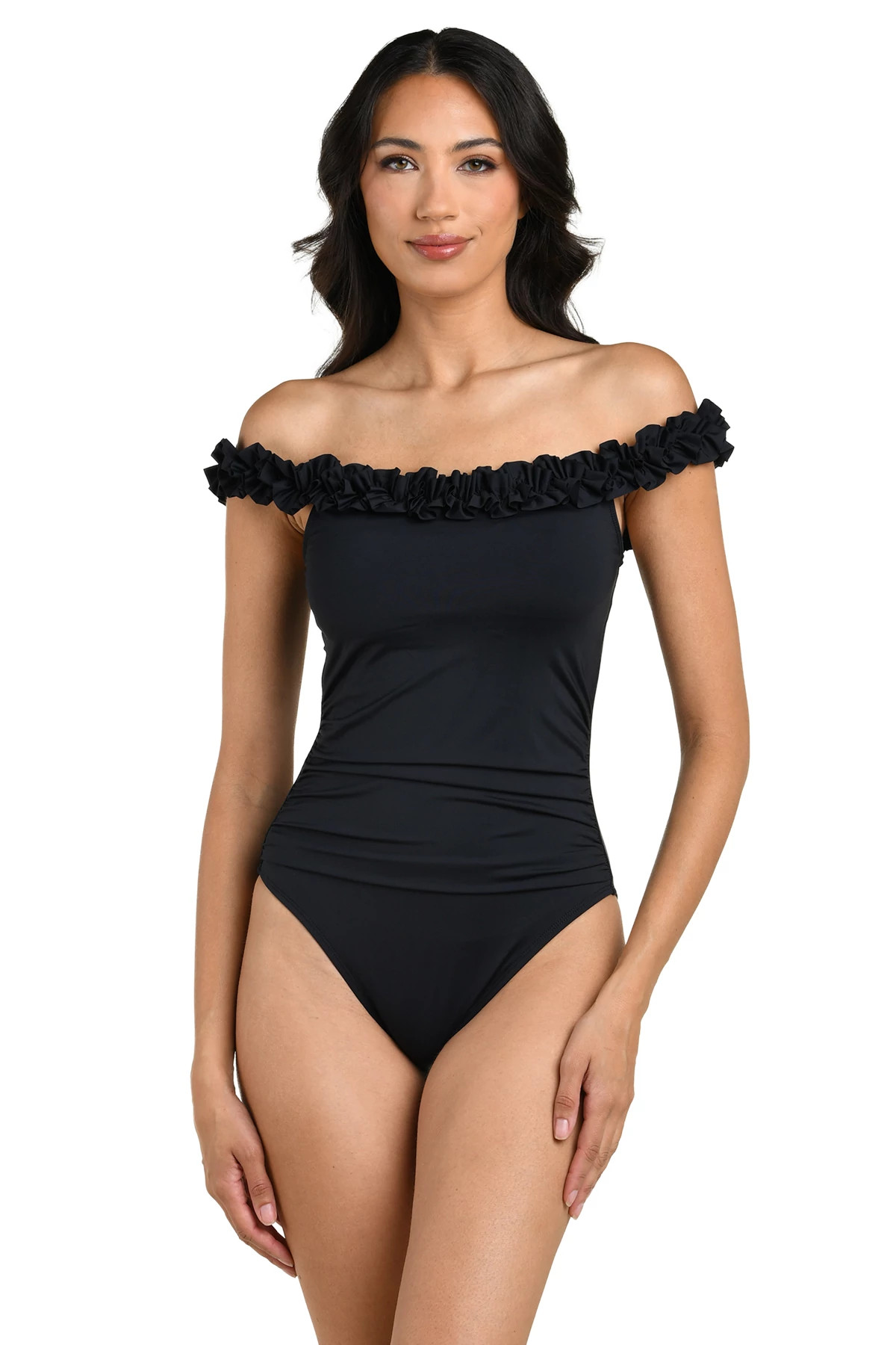 BLACK Ruffled Off Shoulder One Piece Swimsuit image number 1
