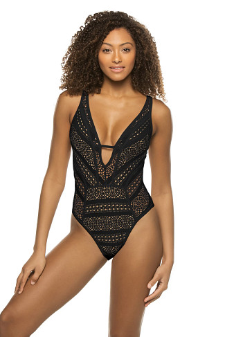 BLACK/TAN Show & Tell Plunge One Piece Swimsuit