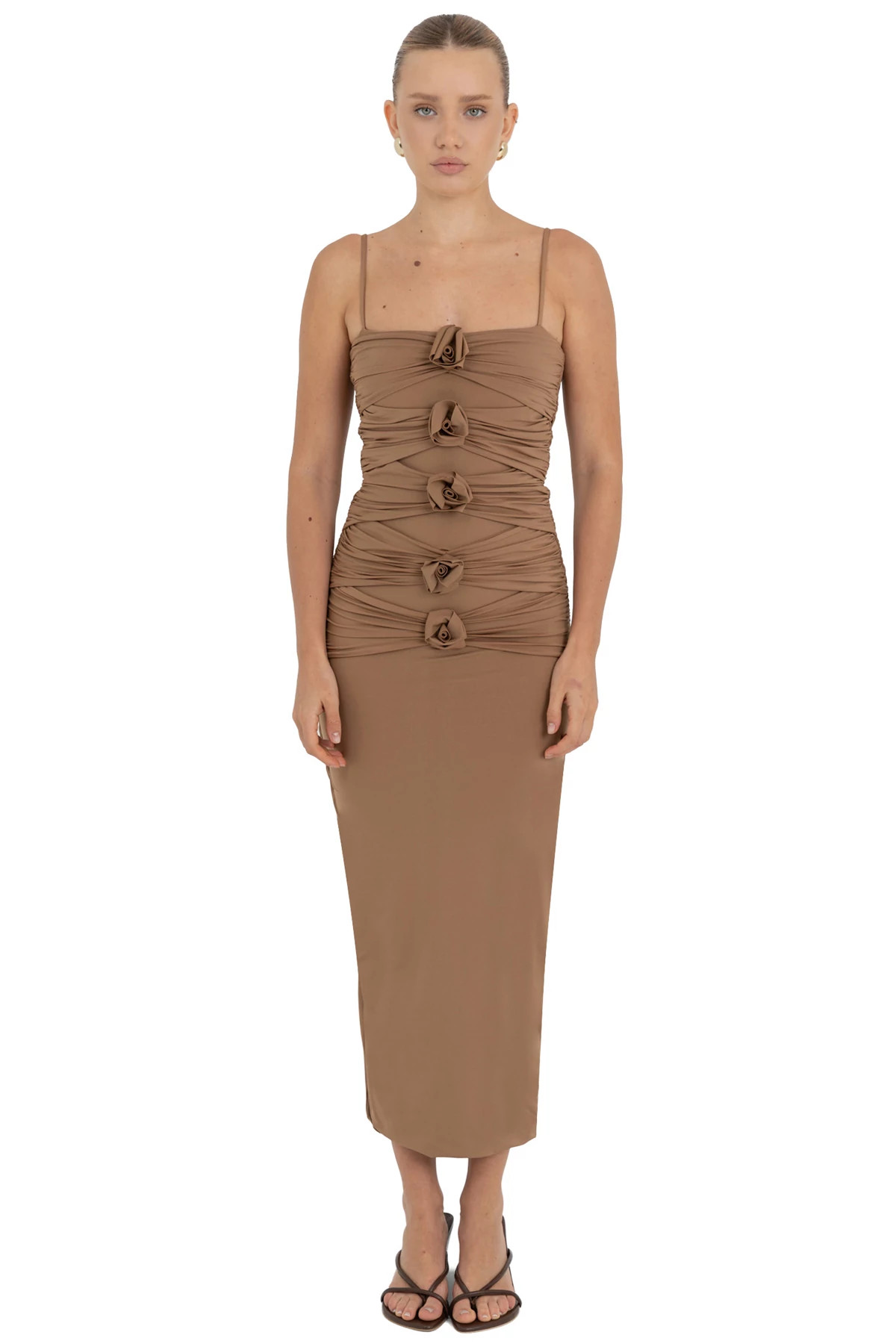 BRONZE BROWN Susurro Ruched Rosette Midi Dress image number 1