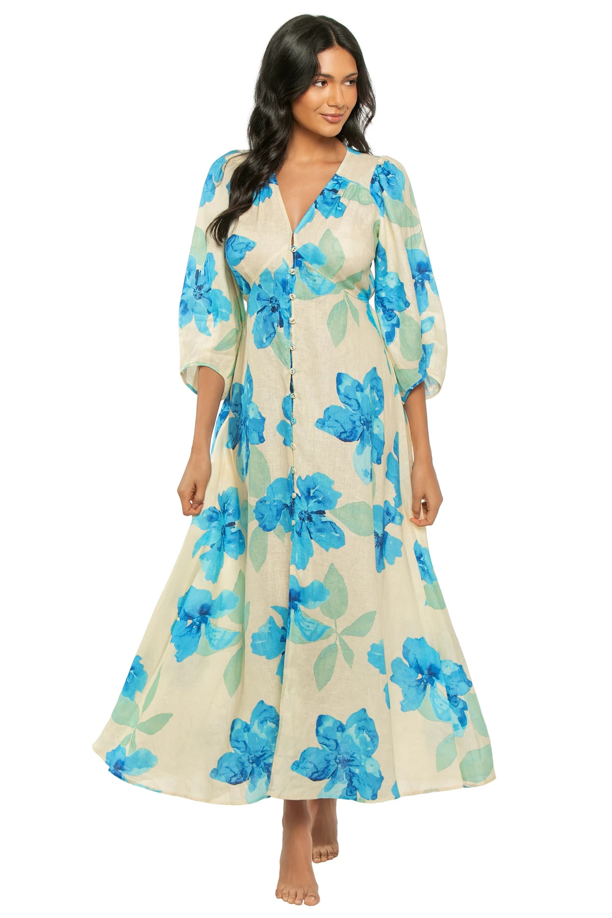 YELLOW BLUE Sophie Linen Maxi Dress image number 3