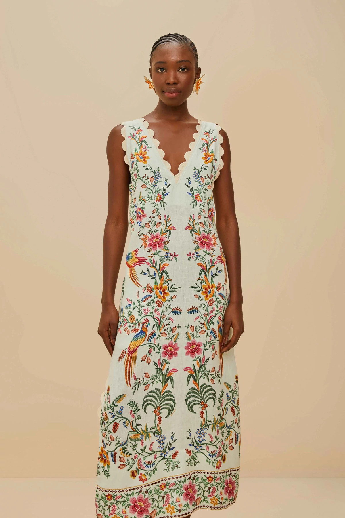 DELICATE FOREST OFF-WHITE Forest Linen Midi Dress image number 3