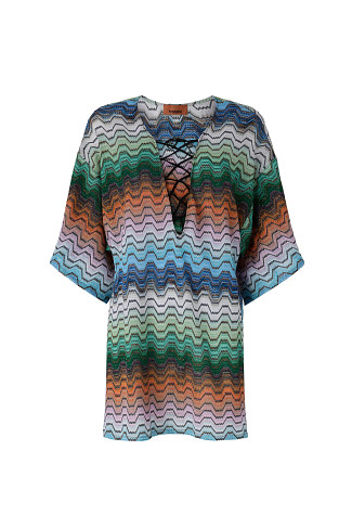 MULTI BLACK GREEN ORANGE Chevron Lace-Up Plunge Mini Dress