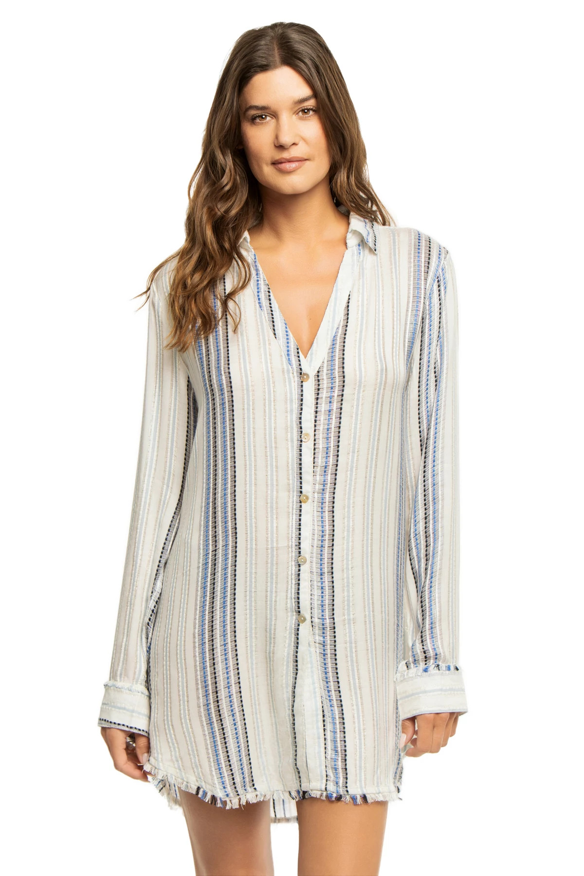 BLUE/WHITE Metallic Stripe Button Down Shirt Dress image number 1