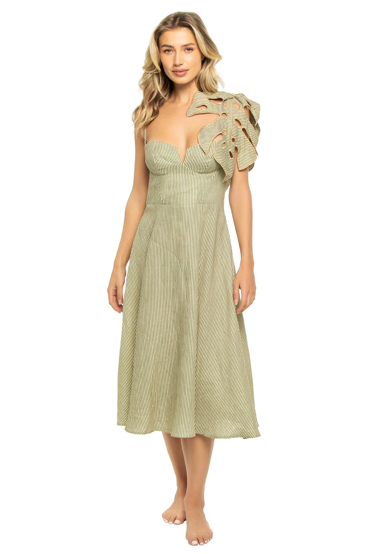 GREEN Monstera Linen Midi Dress image number 1
