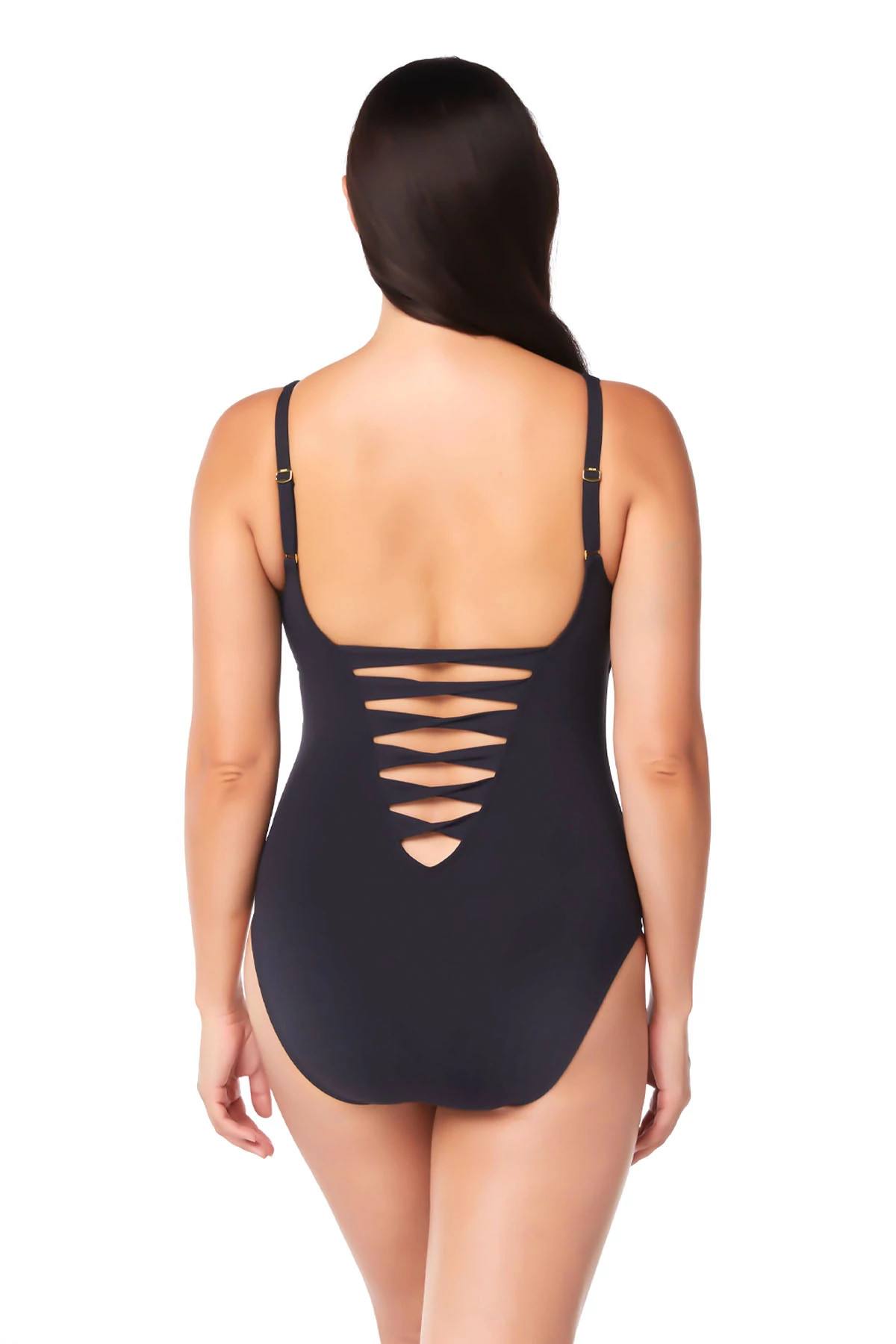 BLACK Lace Up Beaded Plunge One Piece Swimsuit image number 4
