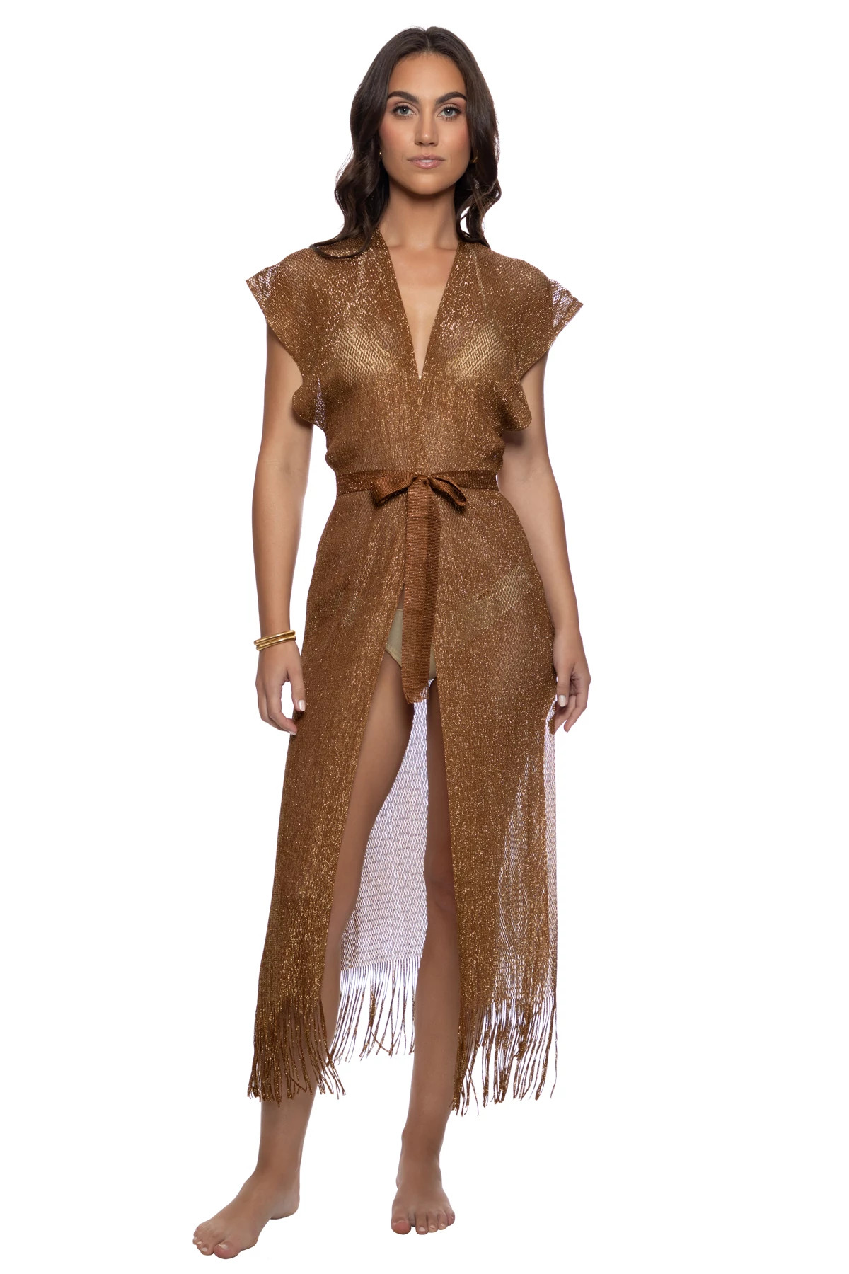 BROWN/GOLD Fringe Long Kimono image number 1