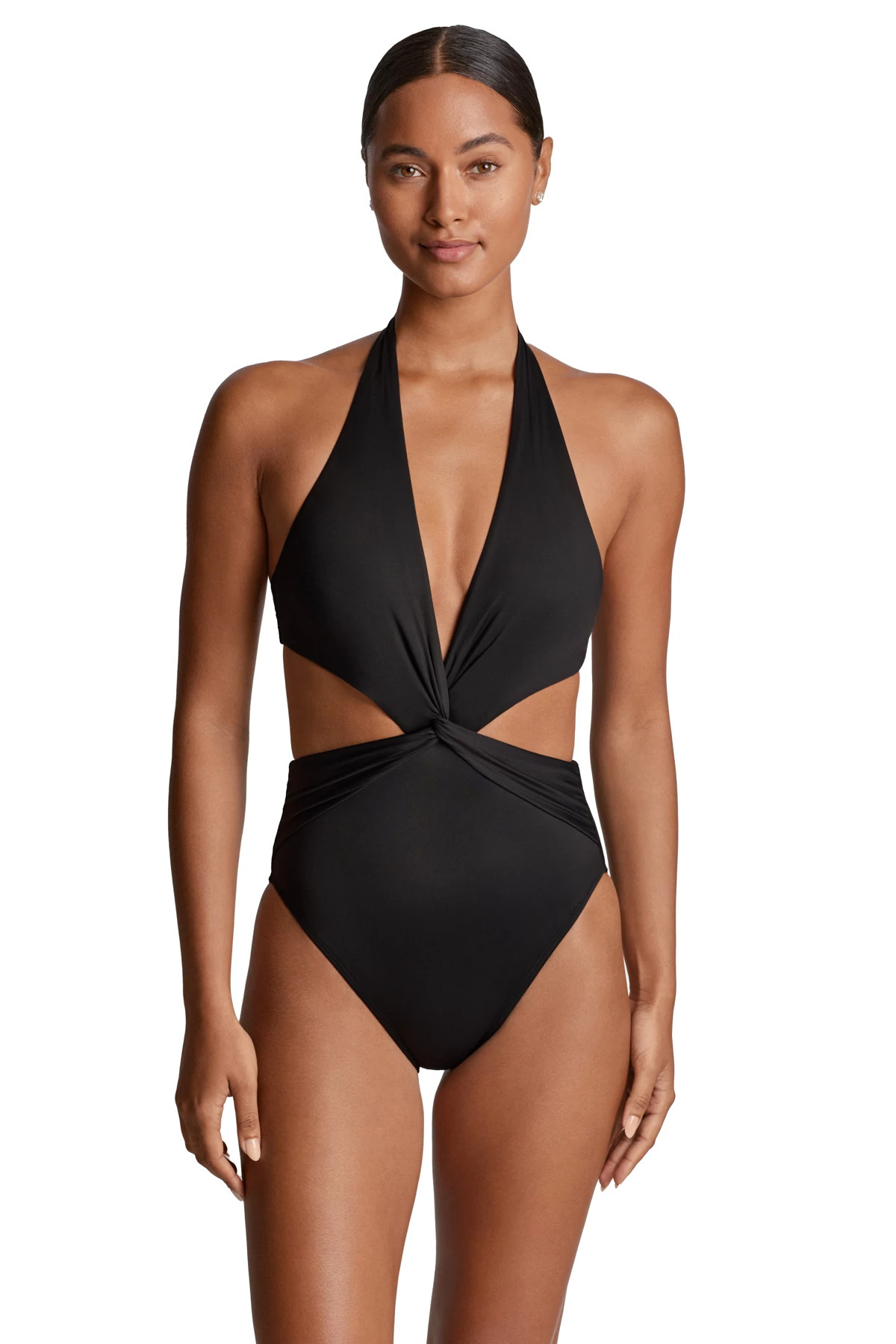 BLACK Cutout Halter One Piece Swimsuit image number 1