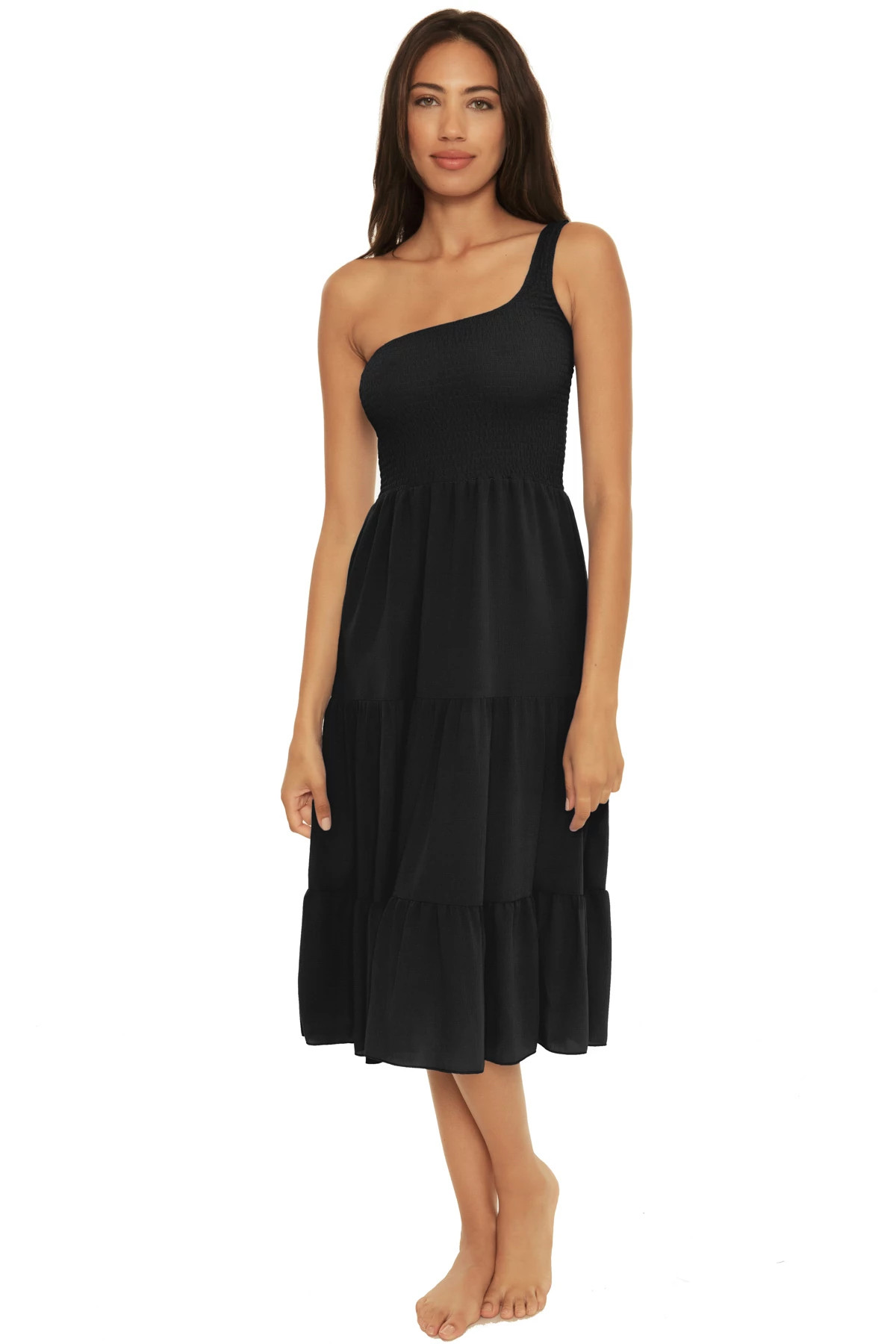 BLACK Smocked Asymmetrical Midi Dress image number 1