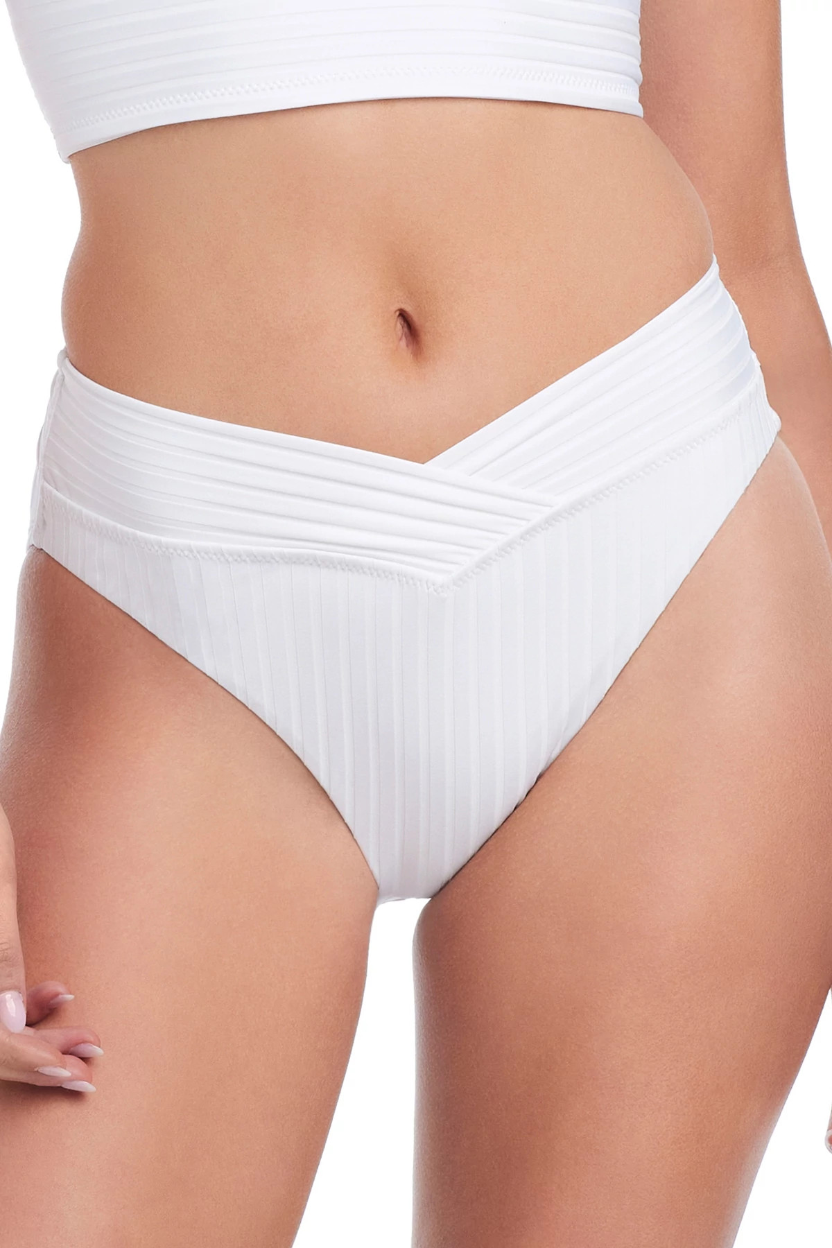 WHITE Ribbed High Waist V-Front Bikini Bottom image number 1