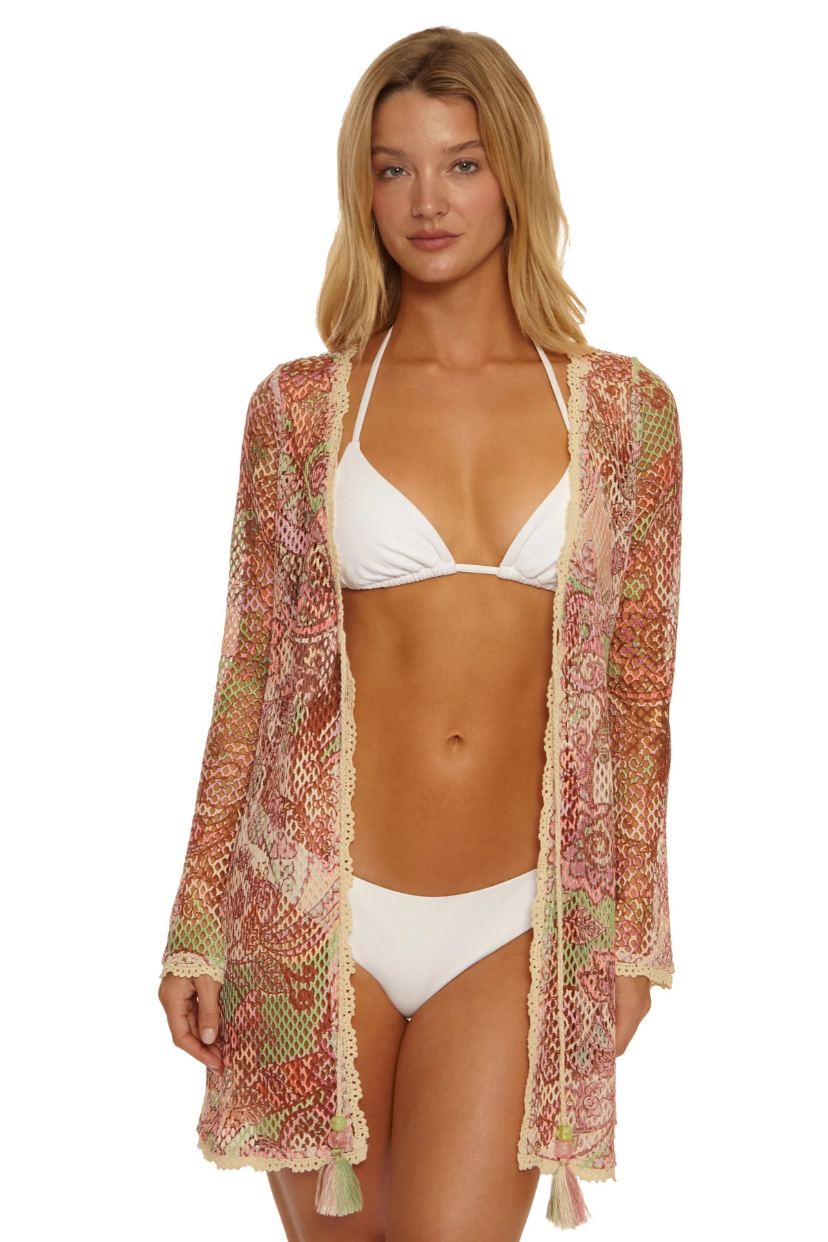 BASIL CROCHET Crochet Open Weave Bell Sleeve Kimono image number 3
