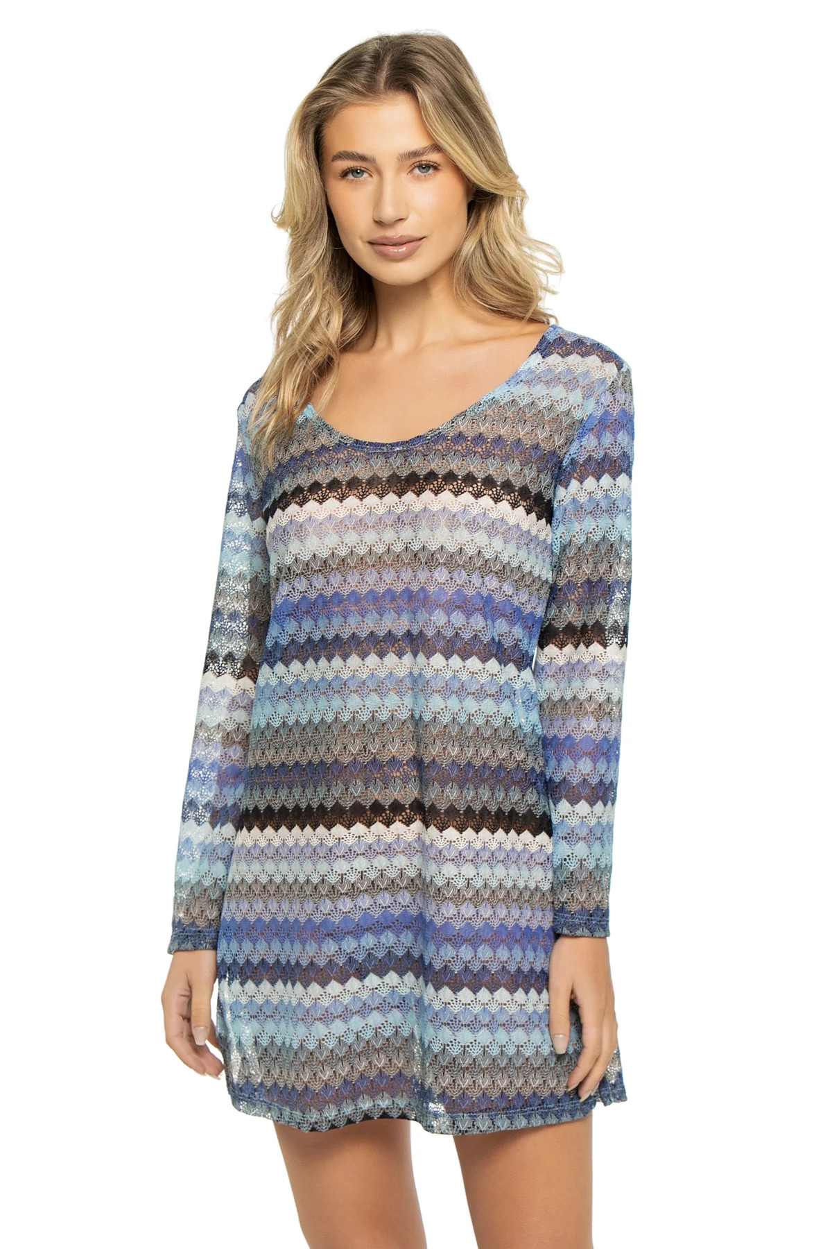 BLUE MULTI Long Sleeve Crochet Tunic image number 1
