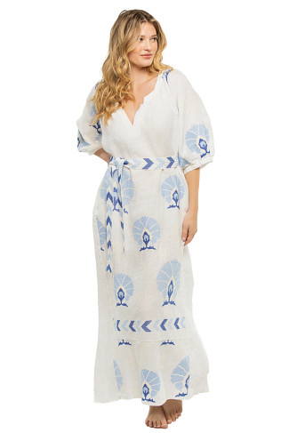 WHITE BLUE Embroidered Puff Sleeve Maxi Dress
