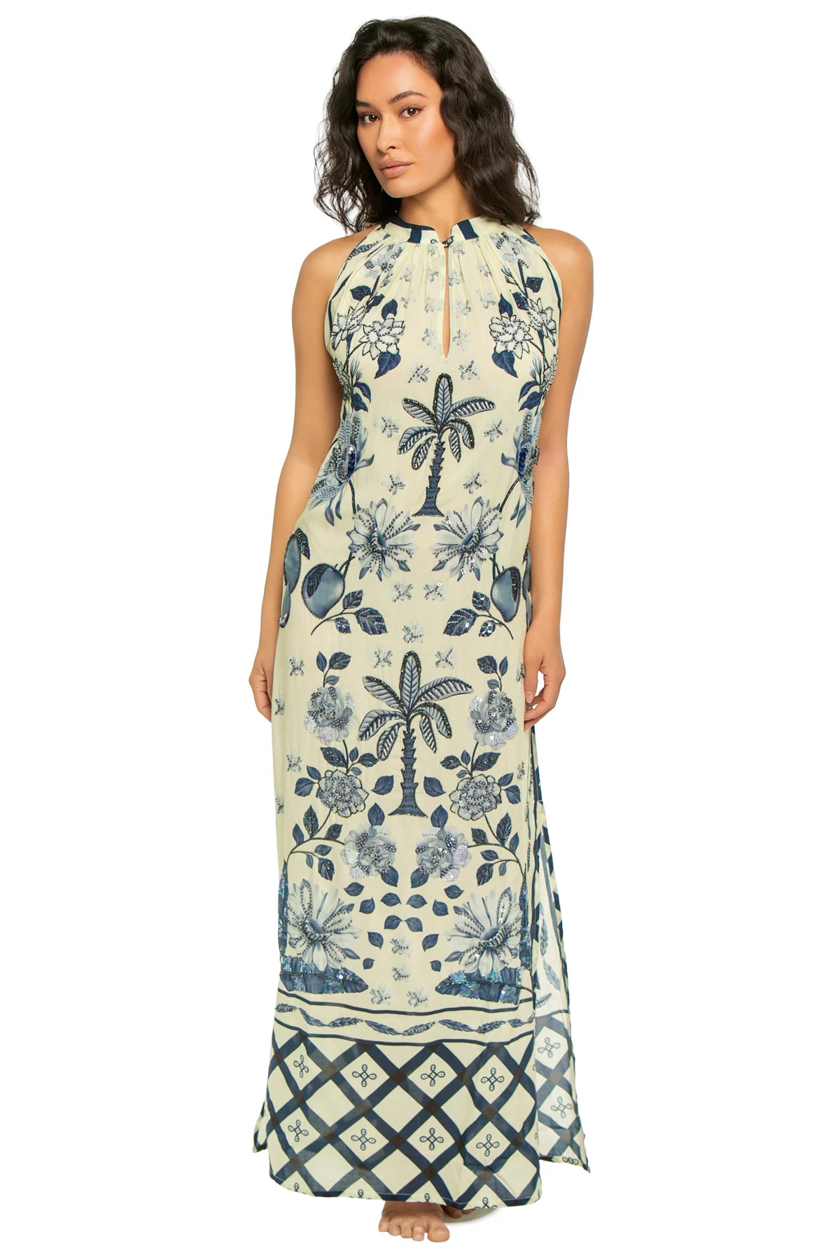 IVORY/NAVY MULTI MOTIF MONO PANEL Hand Beaded Sundowner Maxi Dress image number 3